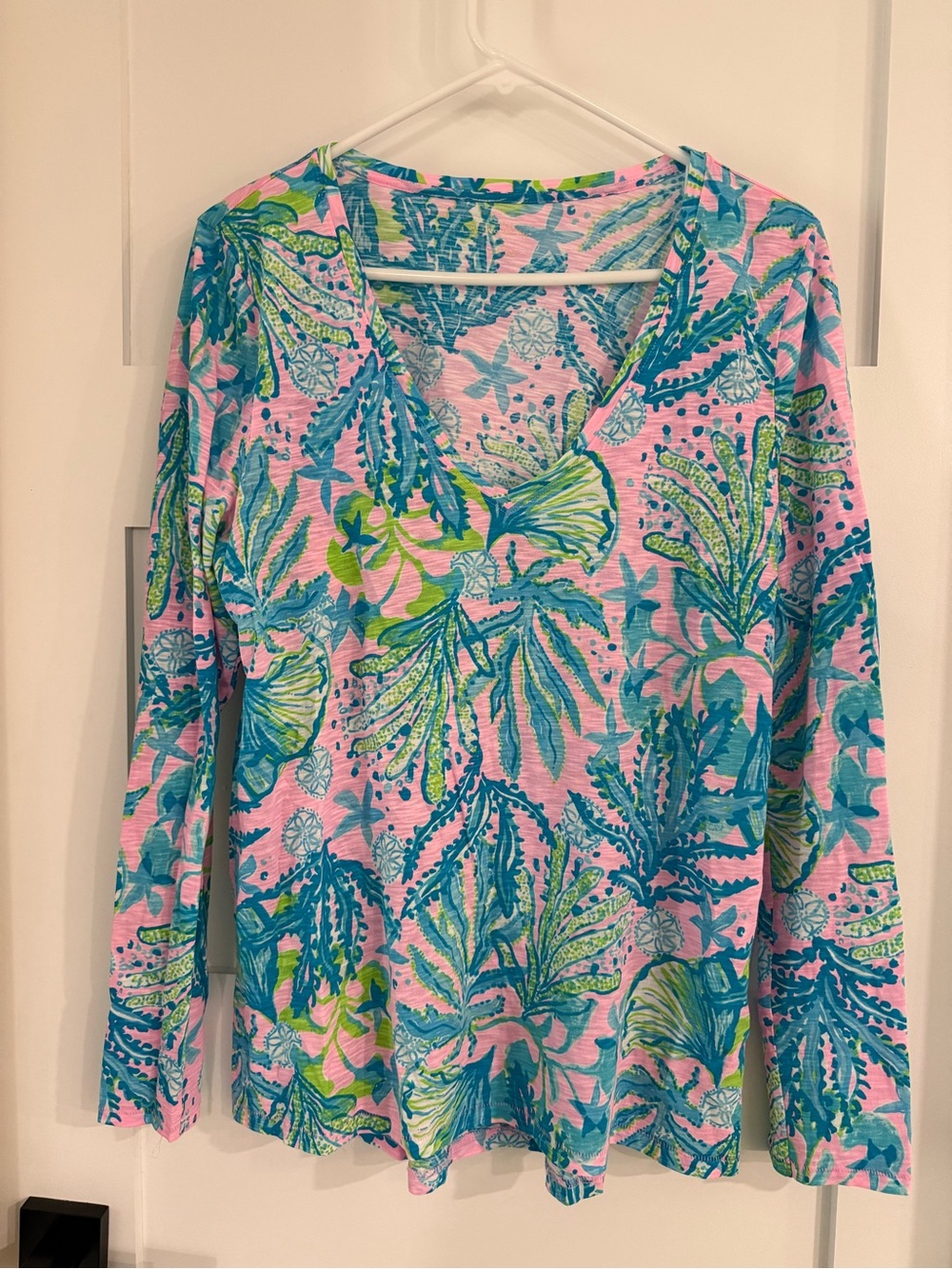 Lilly Pulitzer Pink Long Sleeve V-Neck Top with Blue & Green Print